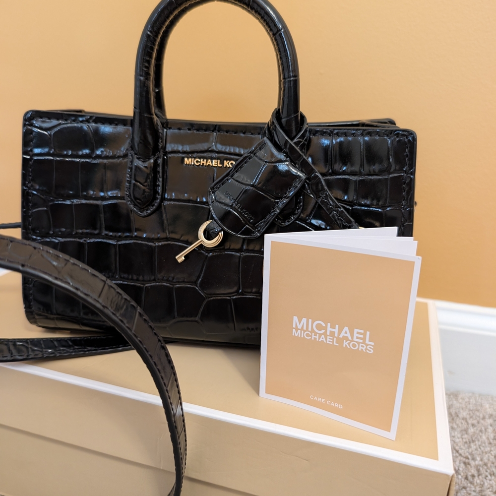 Michael Kors Black Croc-Embossed Satchel with Silver Hardware
